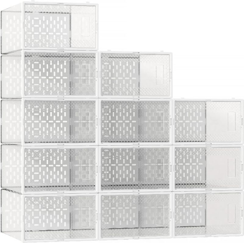 Photo 1 of Large Shoe Storage Boxes, 12 Pack Shoe Boxes Clear Plastic Stackable, Shoe Organizer Box for Closet, Stackable Sneaker Containers Case Bins with Lids, Great Alternative to Shoe Racks, White