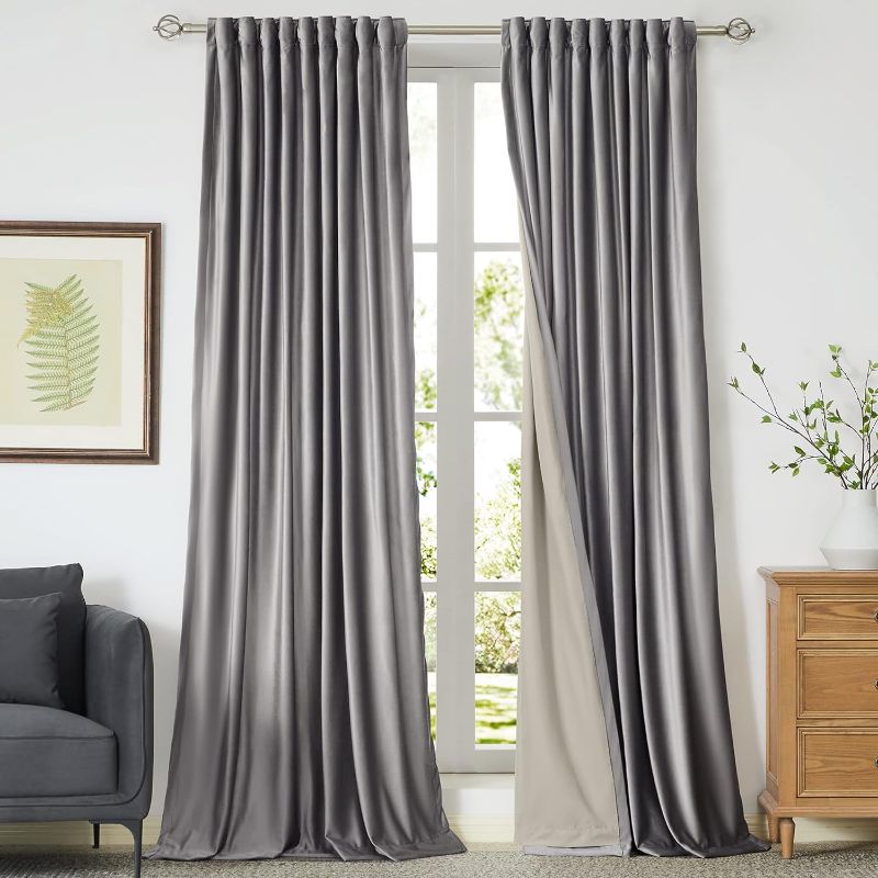 Photo 1 of Full Blackout Silver Grey Velvet Curtains 108 inch Long for Living Room,Set of 2 Panels Liner Rod Pocket Back Tab Thermal Window Curtain