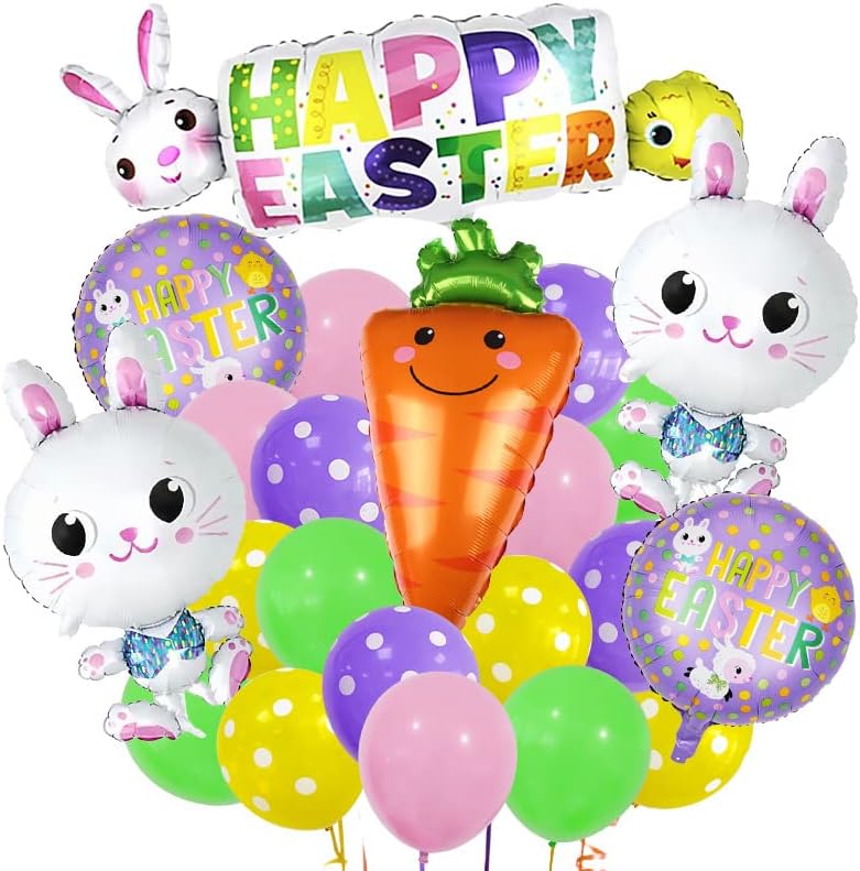 Photo 1 of 24pcs Easter Balloons Set, Happy Easter Mylar Balloons, Giant Foil Easter Bunny Carrot Balloon for Easter Decorations Fiesta Party Supplies