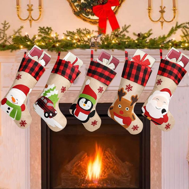 Photo 1 of 
Christmas Stockings Set of 5, Large 18’’ Xmas Stockings Fireplace Hanging Stockings with Plush Cuff, Santa Snowman Reindeer Elf for Holiday Decor,Christmas...