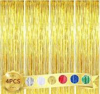 Photo 1 of 4 Pack Yellow Metallic Tinsel Foil Fringe Curtains for Birthday Party Photo Backdrop Wedding Event Decor ---Gold