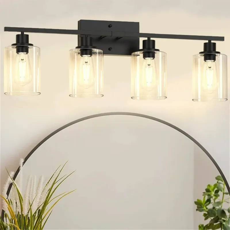 Photo 1 of Farmhouse Bathroom Light Fixtures, 3-Lights Wood Grain Rustic Black Bathroom Vanity Light Over Mirror with Clear Glass Shade
