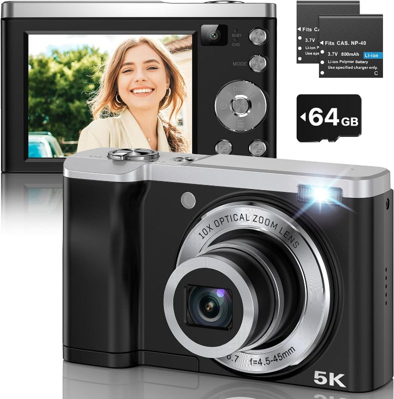 Photo 1 of 56MP 5K Digital Camera 10X Optical Zoom, Front and Rear Dual Cameras with 2.8" IPS Touch Screen, Video Vlogging Cameras for Photography with 64G Micro Card, Compact Point and Shoot Cameras
