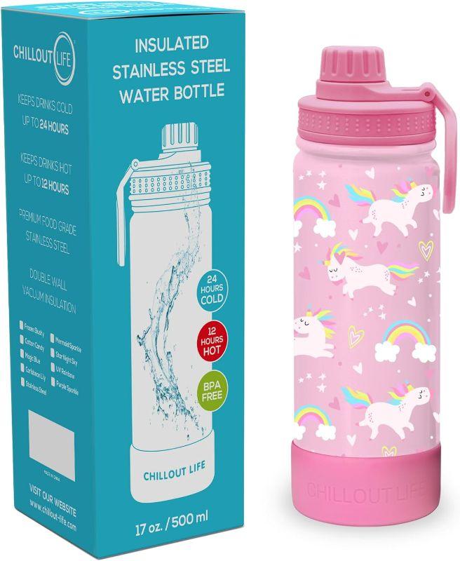 Photo 1 of CHILLOUT LIFE 17 oz Kids Insulated Water Bottle for School with Leakproof Spout Lid and Cute Waterproof Stickers, Personalized Stainless Steel Thermos Flask Metal Water Bottle, Pink Unicorn
