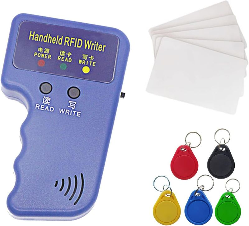 Photo 1 of Handheld 125khz Copier RFID Smart ID Card Duplicator Used for T5577 or EM4305+5pcs T5577 NO.3 Keychains +5 T5577 Cards
