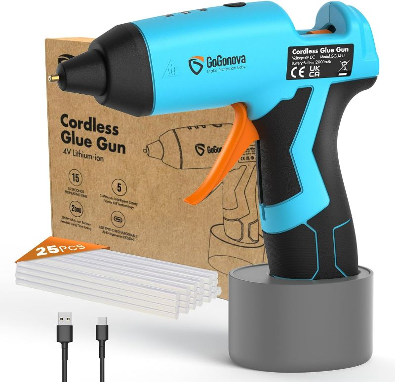 Photo 1 of GoGonova Cordless Hot Glue Gun, 15s Fast Preheating with 2Ah Built-in Battery Hot Melt Glue Gun, Smart Power-Off, Kit with 25 Pcs Premium Mini Glue Sticks...
