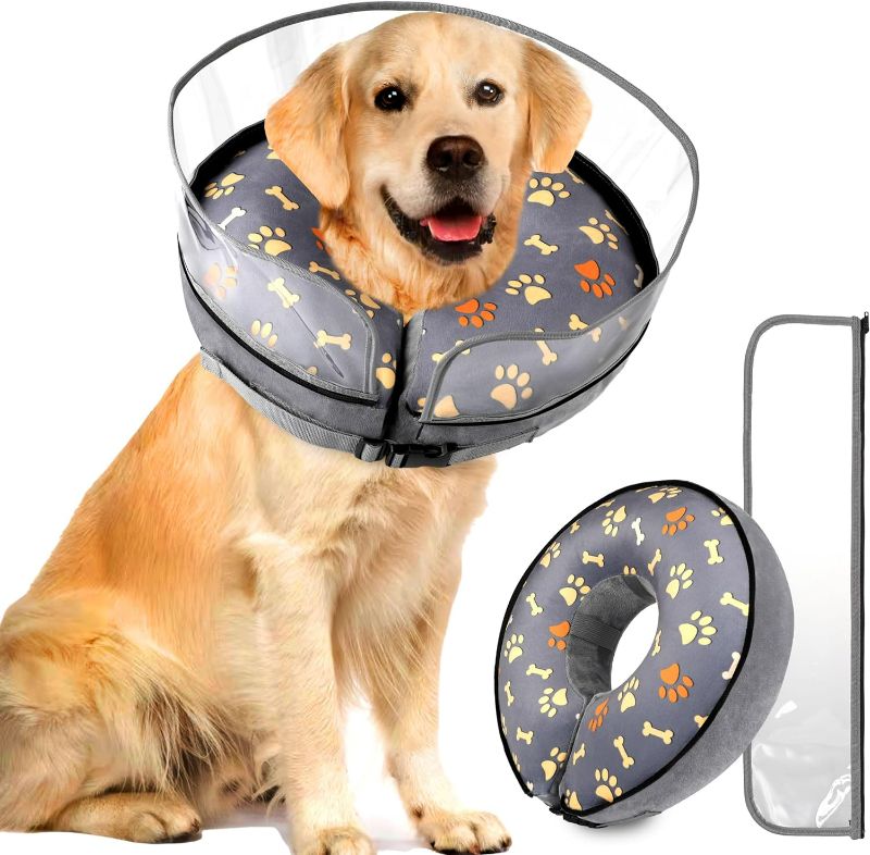 Photo 1 of Inflatable Dog Cones for Large Dogs Donut Collar Alternative After Surgery Neck Donut Stop Licking Surgical Recovery Comfy Comfortable Soft Pet Pillow Cones Mediem Elizabethan Collars - L
