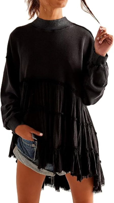 Photo 1 of (M) NUFIWI Women Oversized Patchwork Sweatshirt Dress Long Sleeve Mock Neck Pullover Tops Flowy Pleated Sweatshirts Mini Dress
