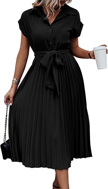 Photo 1 of Womens Size Small ECOWISH Womens Casual Midi Dresses Solid V Neck Short Sleeve Button Shirt Belted Dress with Pockets for Spring Summer 2024
