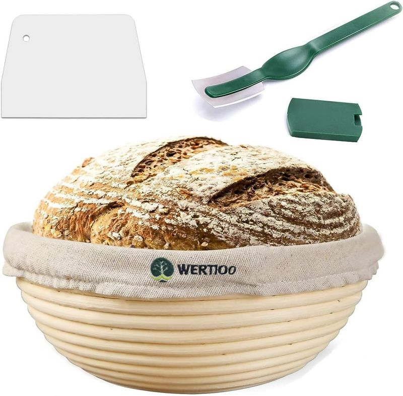 Photo 1 of 9 Inch Proofing Basket,WERTIOO Banneton Bread Proofing Basket + Bread Lame +Dough Scraper+ Linen Liner Cloth Sourdough Bread Baking Supplies
