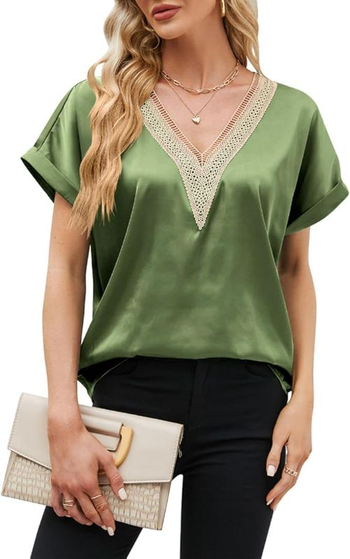 Photo 1 of Womens XL Women's Summer Satin T-Shirt Short Sleeve V Neck Lace Eyelet Embroidery Casual Blouse Tops
