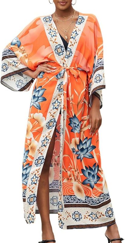 Photo 1 of Large Eddoyee Print Bikini Cover Ups Long Sleeve Swimwear Women Print Beach Kimono Cardigan with Belt Swimsuits
