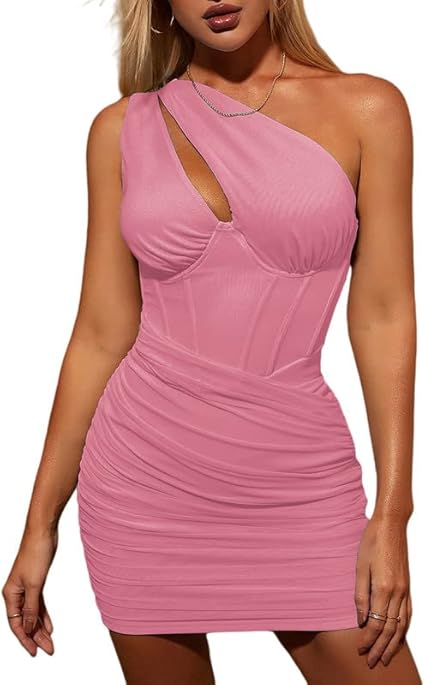 Photo 1 of Womens Large Women's Sexy One Shoulder Cutout Bodycon Corset Dress Ruched Mesh Party Club Mini Dresses
