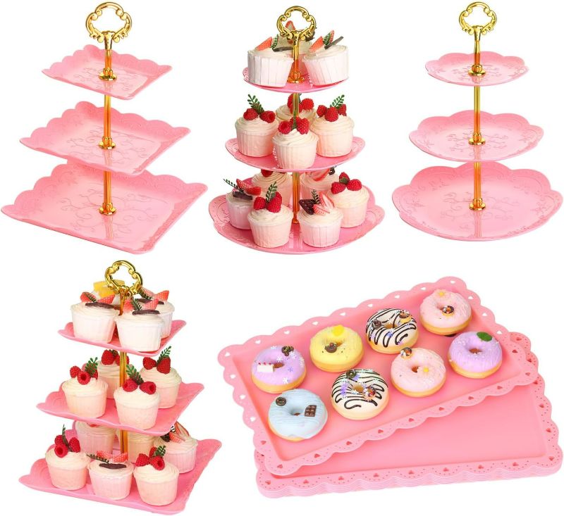 Photo 1 of 10 Pcs Dessert Table Display Set Cupcake Stand Pink Plastic Dessert Table Set 4 3 Tire Cake Display Stands with Gold Rod Cookie Tray Rack Serving Tower and 6 Trays for Wedding Baby Shower Tea Party
