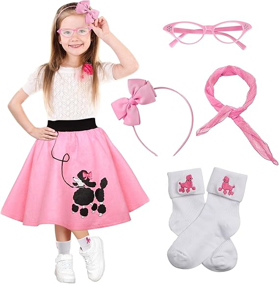 Photo 1 of FAYBOX Poodle Skirt 1950s Costume Accessory Set of 5Pcs for Girls,100 Days of School Costume for Kids
