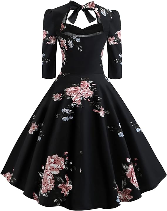 Photo 1 of Womens XL Women Vintage Off Shoulder Rose Embroidered Floral Evening Dress V neck Short 3/4 Sleeves Wedding Cocktail A Line Midi Gown
