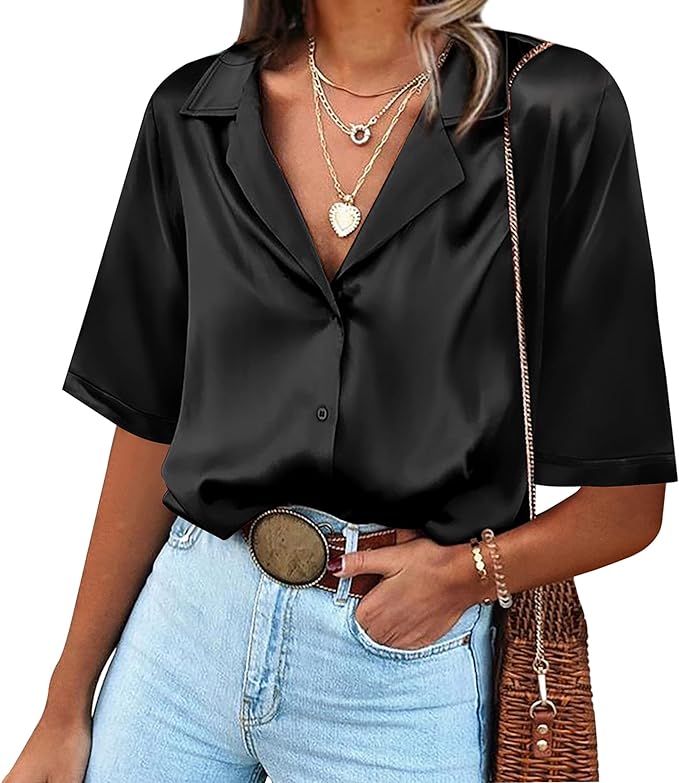 Photo 1 of Womens Large Chigant Women's Short Sleeve Satin Blouse Button Down Tops Casual Office Work Shirt
