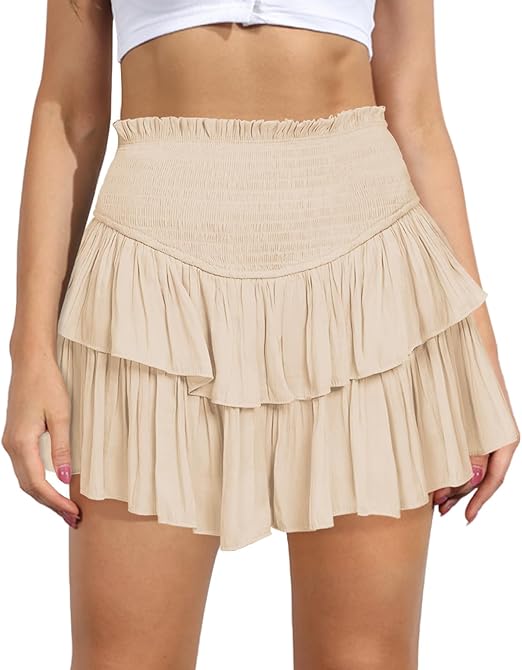 Photo 1 of Size Small Women's Cute High Waist Ruffle Mini Skirt Layered Ruffle Hem Flared Flowy Casual Swing Beach Mini Short Skirt
