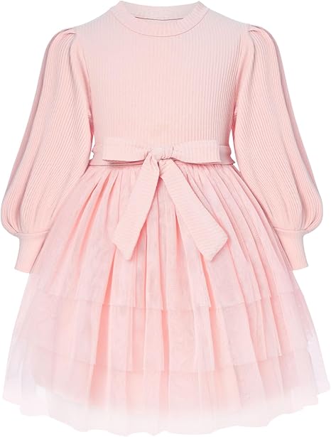 Photo 1 of 5T Toddler Girl Tulle Dress Puff Long Sleeves Tutu Dresses with Tie Belt for Princess Brithday Party 1-6T
