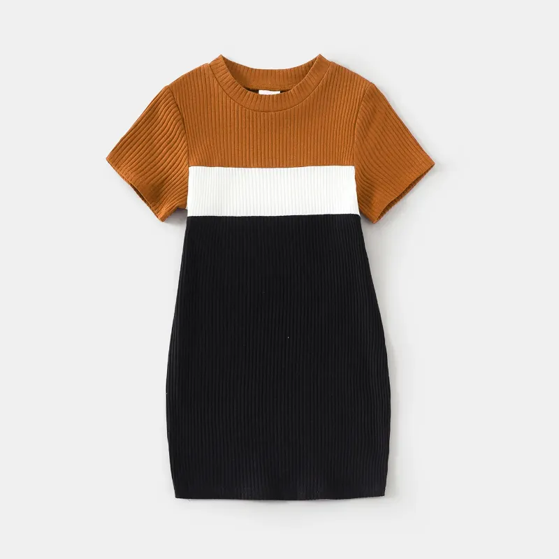 Photo 1 of (S) Womens Cotton Short-sleeve Colorblock Rib Knit Mock Neck Bodycon Dress
