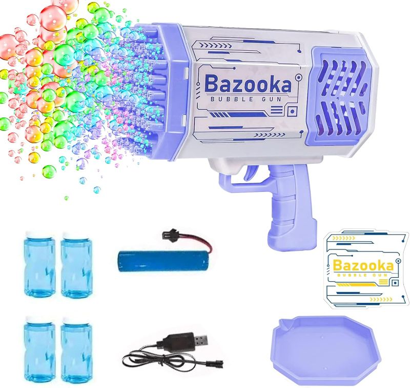 Photo 1 of Bubble  Machine for Kids, 69 Hole Bazooka Bubble Blower Toy with Colored Lights, Bubble Guns Blaster Toys for Toddlers Outdoor Playing Wedding Birthday Summer Pool Party Gifts (Purple)