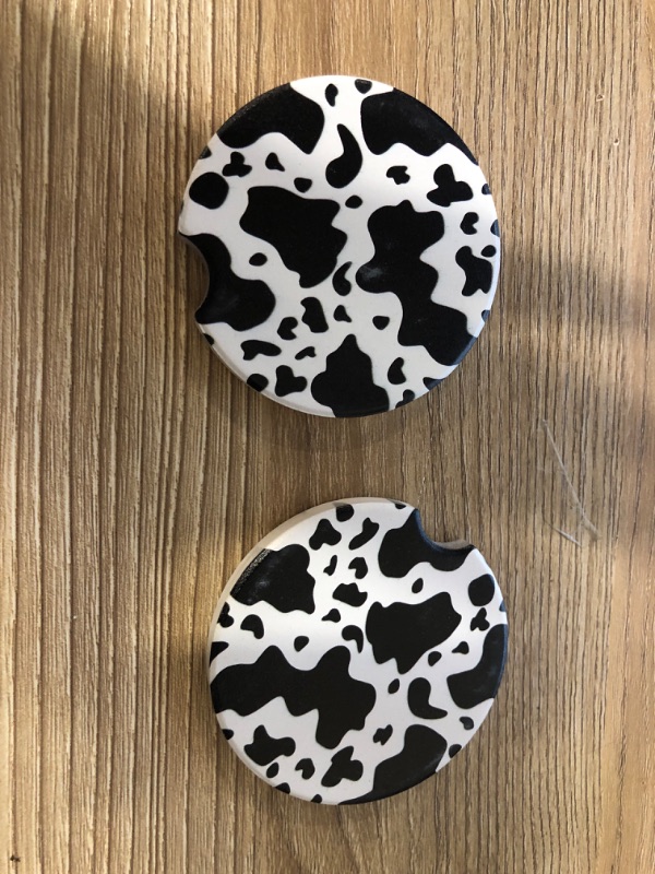 Photo 2 of Cow Pattern Car Coasters Cup Holders for Women Men Absorbent Decorative Rubber Car Cup Mat with Cork Back and Finger Slot 2.7" (2 Pack)
