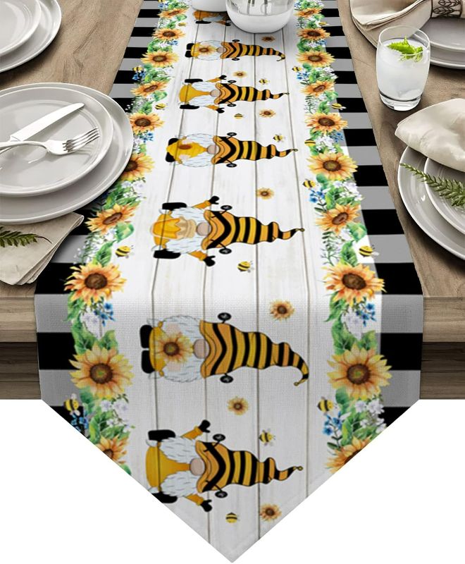 Photo 1 of Kitchen Table Runner, Farm Bee Gnome Honey Sunflower Black White Plaid Old Wooden Non-Slip Cotton Linen Dresser Scarves for Family Dinner Holiday Birthday Party Home Décor 13"x70"