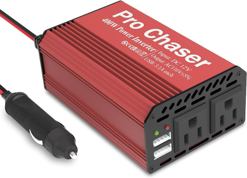 Photo 1 of  Pro Chaser 400W Power Inverters for Vehicles - DC 12v to 110v AC Car Inverter Converter, 6.2A Dual USB Charging Ports, Dual AC Adapter for Air Compressor Laptops (Red)
