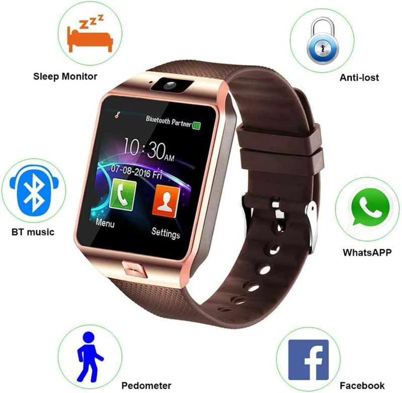 Photo 1 of Bluetooth Smartwatch,Touchscreen Wrist Smart Phone Watch Sports Fitness Tracker with SIM SD Card Slot Camera Pedometer,Brown
