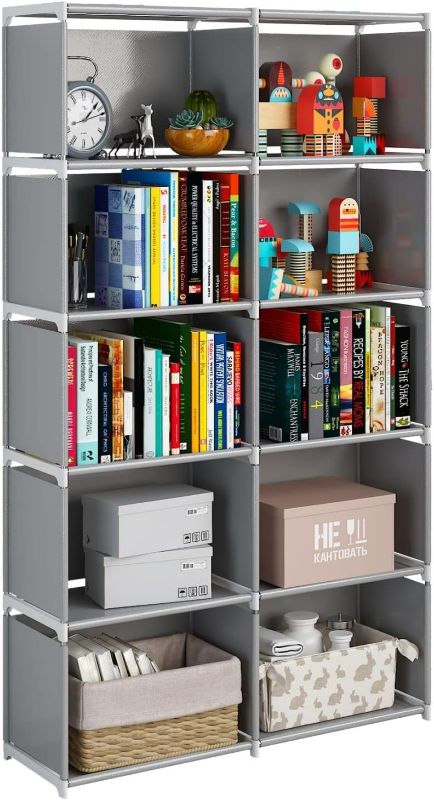 Photo 1 of JIUYOTREE 6-Tiers Portable Bookshelf with Fabric Cloth at Back, 10 Cube Closet Storage Organizer Bookcase, Living Room,Study Room,Bedroom, Grey
