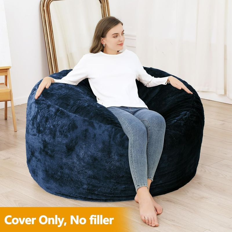 Photo 1 of Bean Bag Chair Cover (No Filler), Adult Beanbag Chair Outside Cover Big Round Soft Fluffy Faux Fur Beanbag Lazy Sofa Bed Cover (Navy,4FT)
