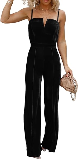 Photo 1 of Womens Large BLENCOT Sleeveless Velvet Jumpsuits For Women V Neck Spaghetti Straps Wide Leg Long Pants Dressy Rompers Winter Overalls S-XL
