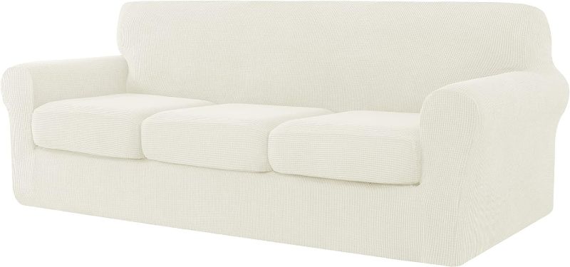 Photo 1 of CHUN YI 4 pieces Stretch Sofa Cover for 3 Seater Couch, Washable Soft Sofa Slipcover with 3 Separate Seat Cushion Covers for Dogs, Checks Spandex Jacquard Fabric, Large, Ivory White
