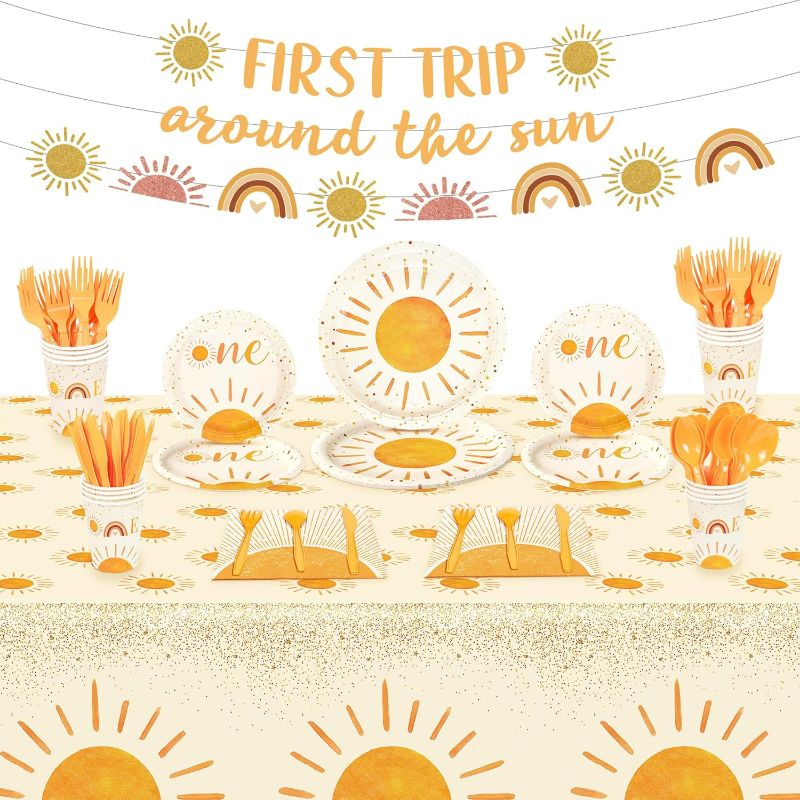 Photo 1 of First Trip Around the Sun Birthday Decorations Boho Sun Party Decorations 1st First Birthday Decorations for Girls Boy Baby Plates Napkins Tablecloth Banner Sunshine Theme Baby Shower Party Supplies
