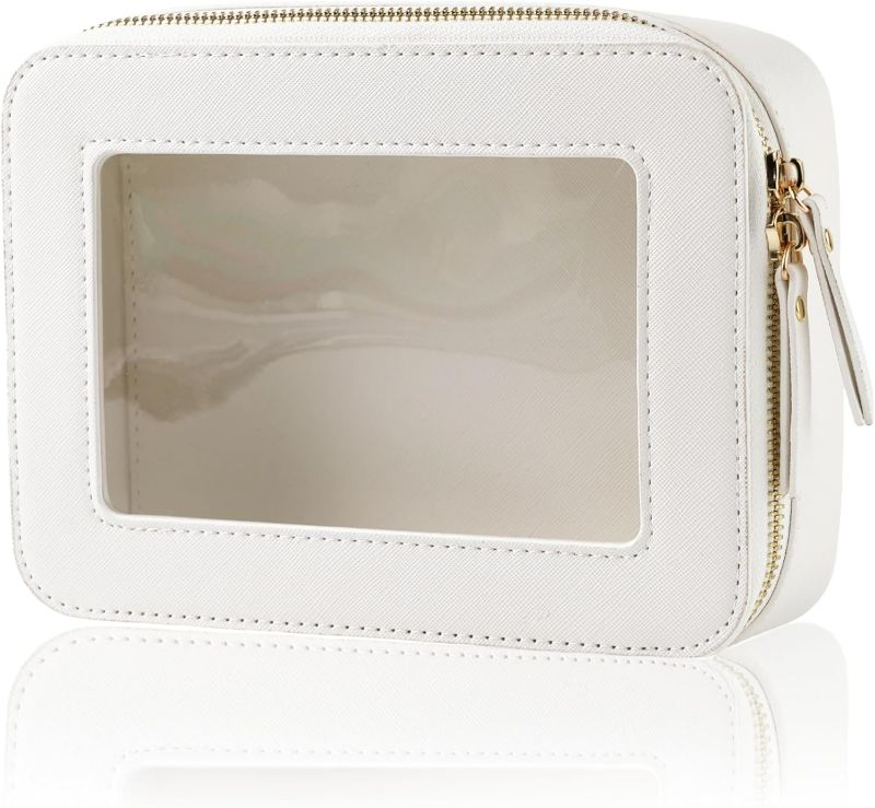 Photo 1 of Clear Makeup Case, Durable Saffiano Faux Leather Travel Cosmetic Bag, Toiletry Bag with Visual Window & Dual Zippers, Travel Essentials for Women (White, Medium)
