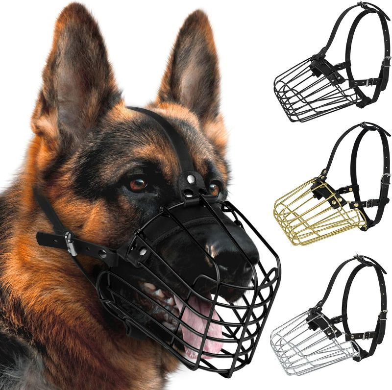 Photo 1 of German Shepherd Dog Muzzle Metal Basket for Medium Large Dogs Adjustable Durable Leather Straps Secure Wire Mask for Biting Chewing Barking (Black, L - Size)
