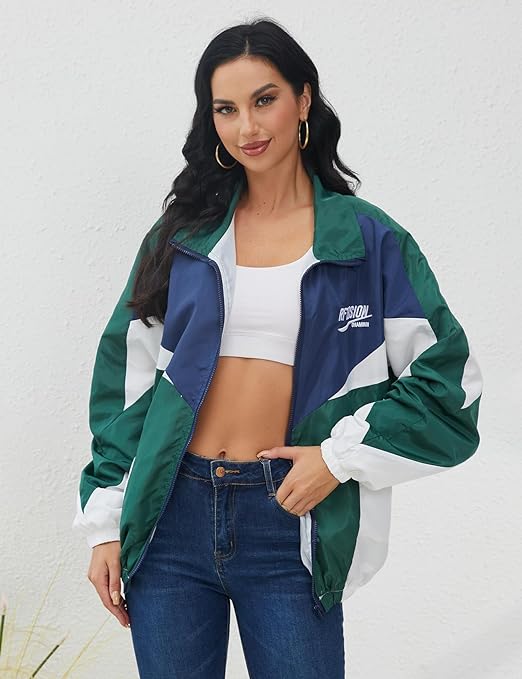 Photo 1 of Women Medium  Y2k Jacket Zip Up Lightweight Windbreaker Jacket Varsity Oversized Sport Jacket Y2k Clothing 90s Jacket
