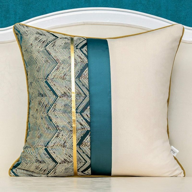 Photo 1 of Alerfa 20 x 20 Inch Teal White Geometric Striped Gold Leather Patchwork Velvet Cushion Case Luxury Modern Lumbar Throw Pillow Cover Decorative Pillow for Couch Sofa Living Room Bedroom Car
