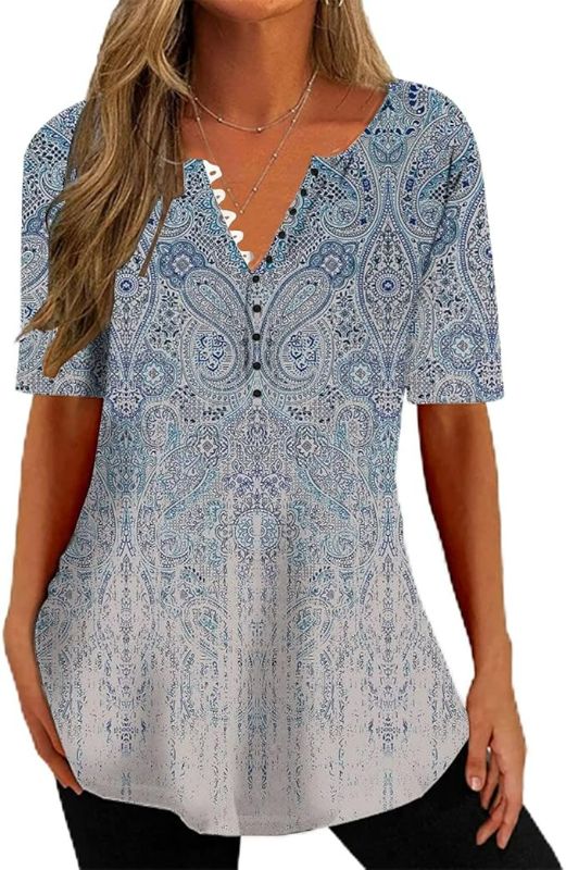 Photo 1 of Womens XL Womens Henley Shirts Floral Print Short Sleeve Tee Tops Buttons Down V Neck Spring Blouse Dressy Casual Tunic Tshirt
