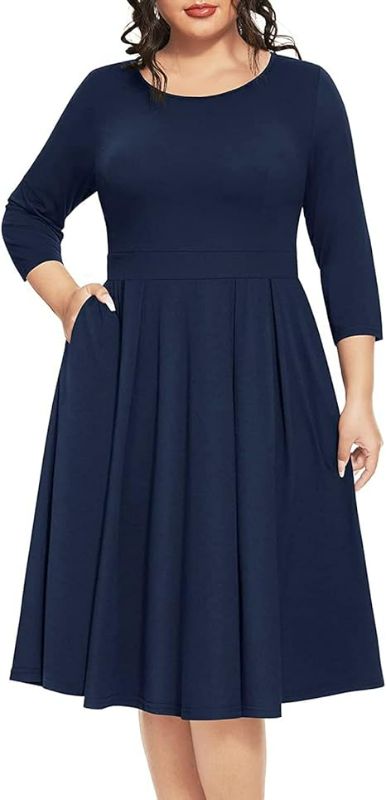 Photo 1 of Womens 26Plus Women's Plus Size Floral Dresses Round Neck 3/4 Sleeve Fit and Flare Casual Dress with Pockets
