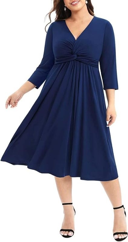 Photo 1 of Womens 26W Plus Pinup Fashion Women's Plus Size Twist Knot Front V Neck 3/4 Sleeve A-line Wedding Guest Midi Dress
