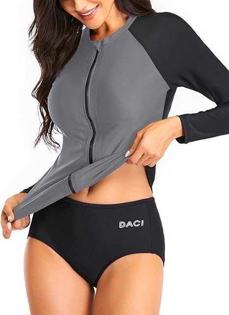 Photo 1 of Womens Large Daci Women 2 Piece Rash Guard Zipper Long Sleeve Swimsuit Shirt Bottom Bathing Suit
