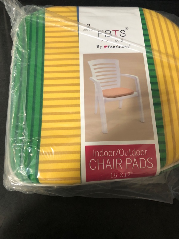 Photo 2 of Fabritones Outdoor Seat Cushions Green and Yellow Stripe Set of 2 Patio Chair Cushions with Ties 16x17 Inch Square Chair Pads
