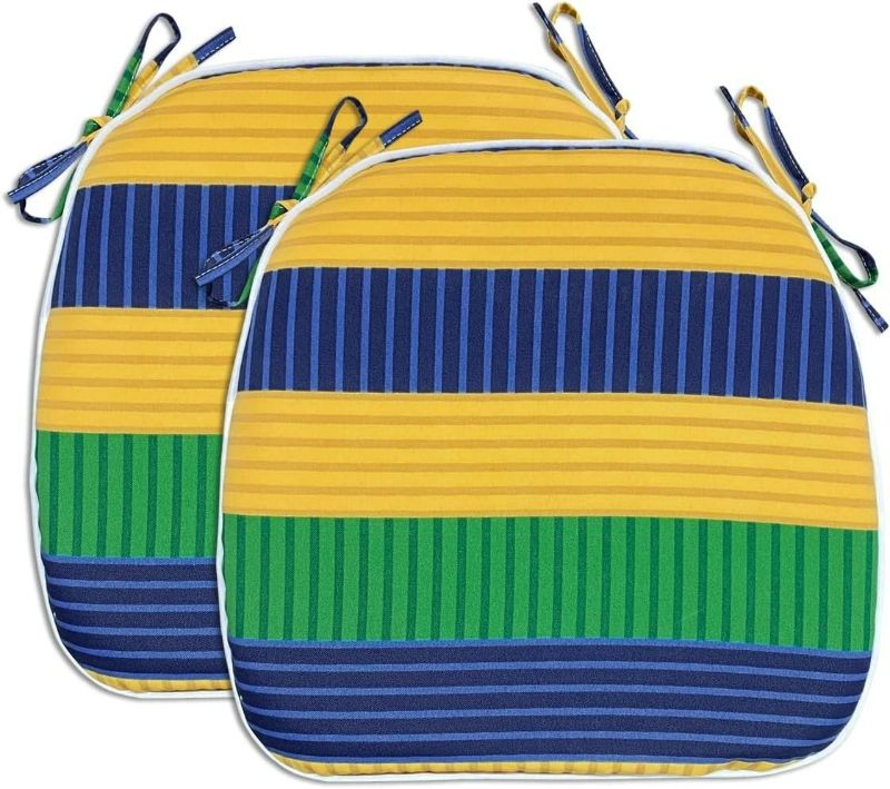 Photo 1 of Fabritones Outdoor Seat Cushions Green and Yellow Stripe Set of 2 Patio Chair Cushions with Ties 16x17 Inch Square Chair Pads
