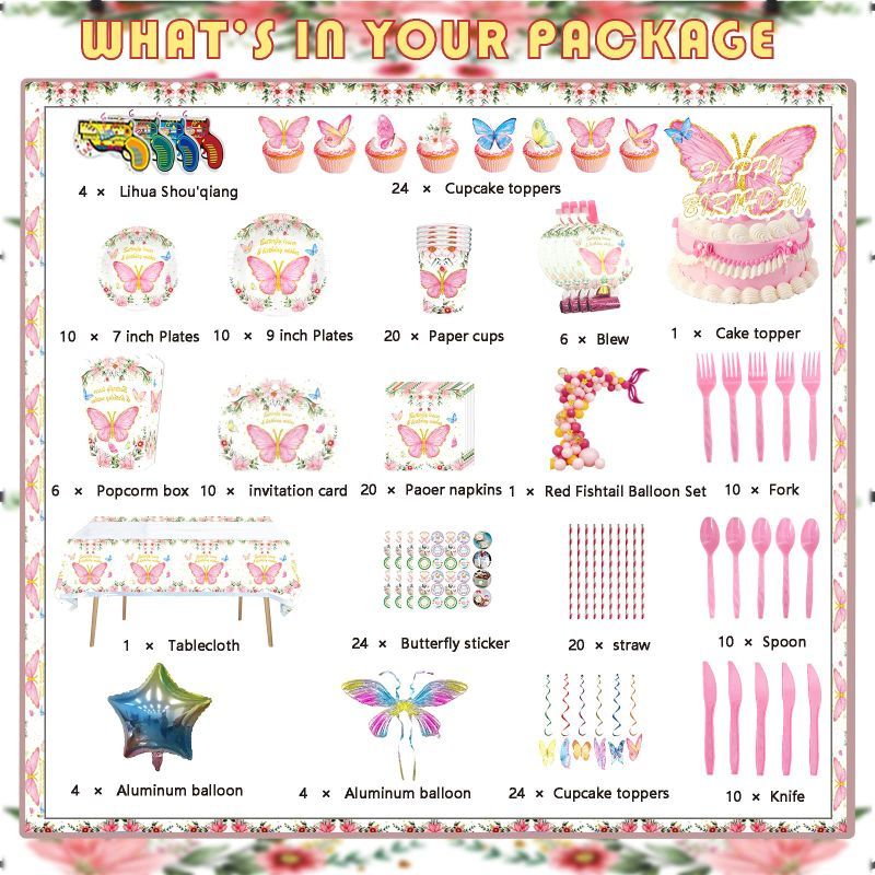 Photo 3 of Kids Party Hawaiian Luau Party Decorations, 228PCS Butterfly Party Supplies Tableware Set for Girls Serves 10