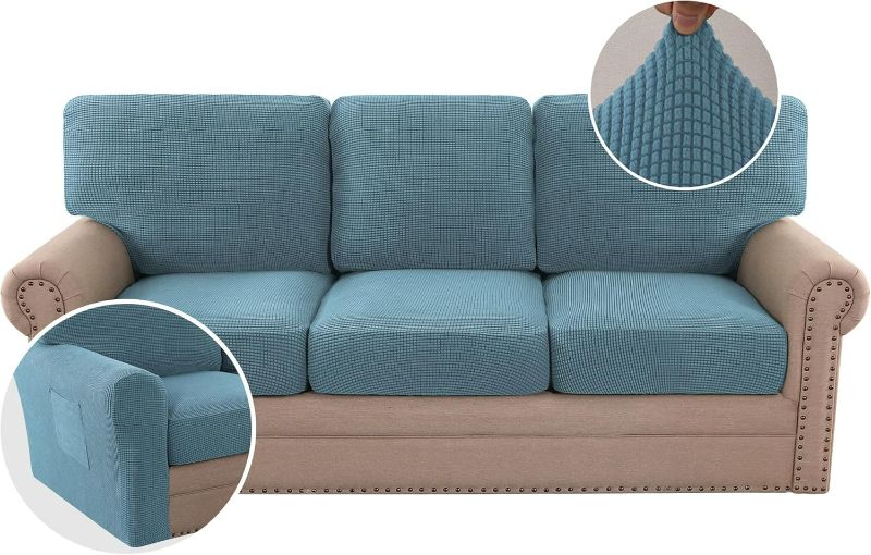 Photo 1 of H.VERSAILTEX 2024 New Trend Multi-Pieces Sofa Covers Stretch Couch Covers Form Fitted Seats and Back Cushions Covers (3 Seat Covers Plus 3 Back Cusion Covers, Bonus 2 Armrest Covers), Storm Blue
