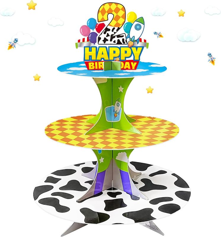 Photo 1 of 3-Tier Cartoon Story cupcake stand Cardboard Cake Stand Dessert Tower Holder for toy theme Birthday Decoration Baby Shower Party Supplies
