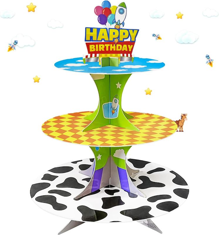 Photo 1 of 3-Tier Cartoon Story cupcake stand Cardboard Cake Stand Dessert Tower Holder for toy theme Birthday Decoration Baby Shower Party Supplies
