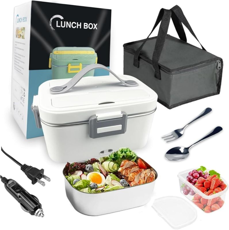 Photo 1 of 1.8L Electric Lunch Box with Fork Spoon Carry Bag Large-Capacity Stainless Steel Container Fast 60W Food Heater 12V/24V/110V Portable Self Heating for Car Truck Home office(White)
