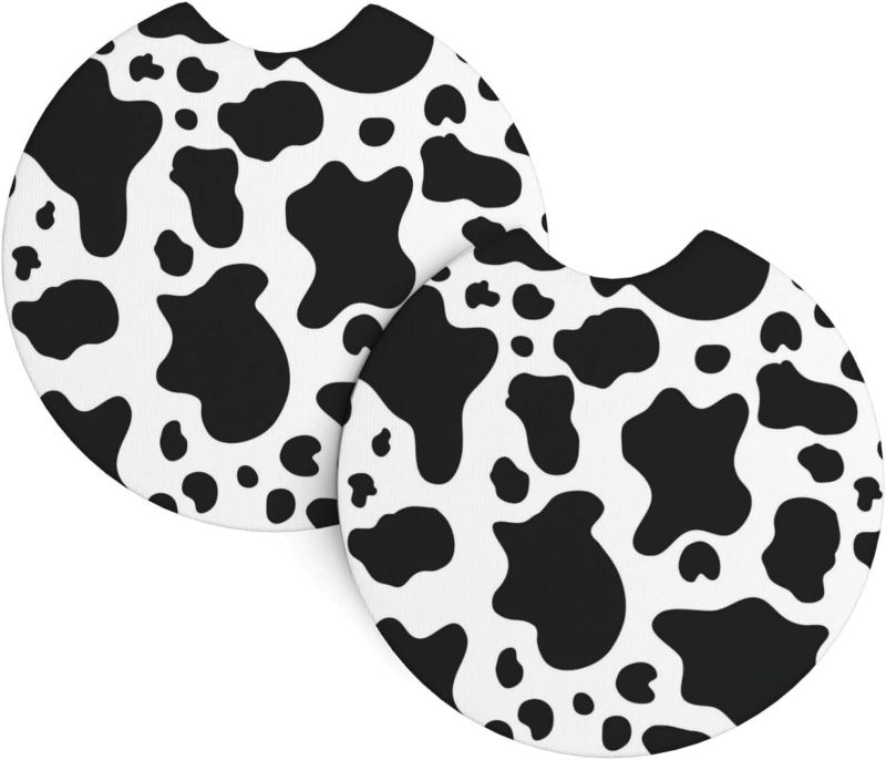 Photo 1 of Cow Pattern Car Coasters Cup Holders for Women Men Absorbent Decorative Rubber Car Cup Mat with Cork Back and Finger Slot 2.7" (4 Pack)
